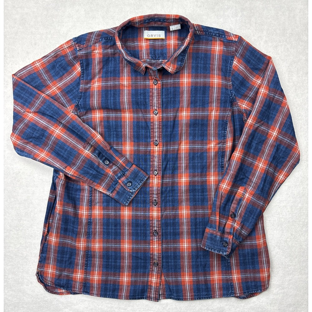 Orvis Shirt Womens Large Navy Blue Orange Plaid Lightweight Cotton Button Up L